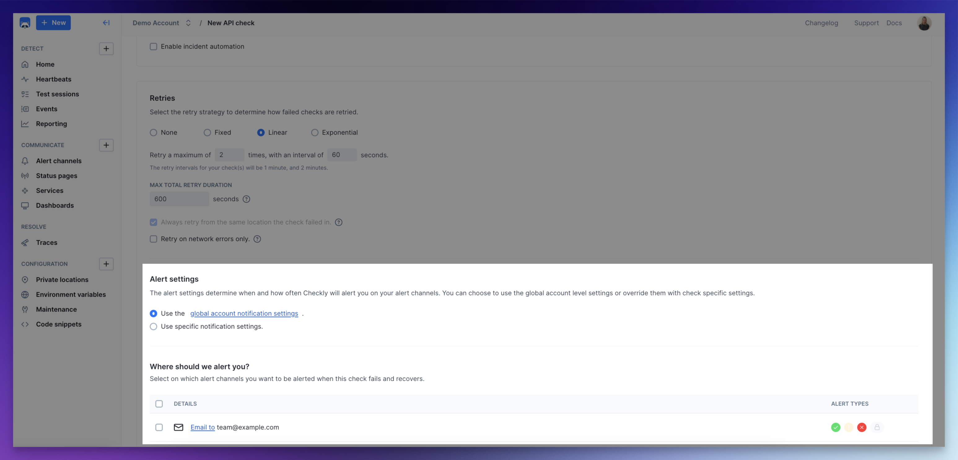 alert settings check / threshold alerting