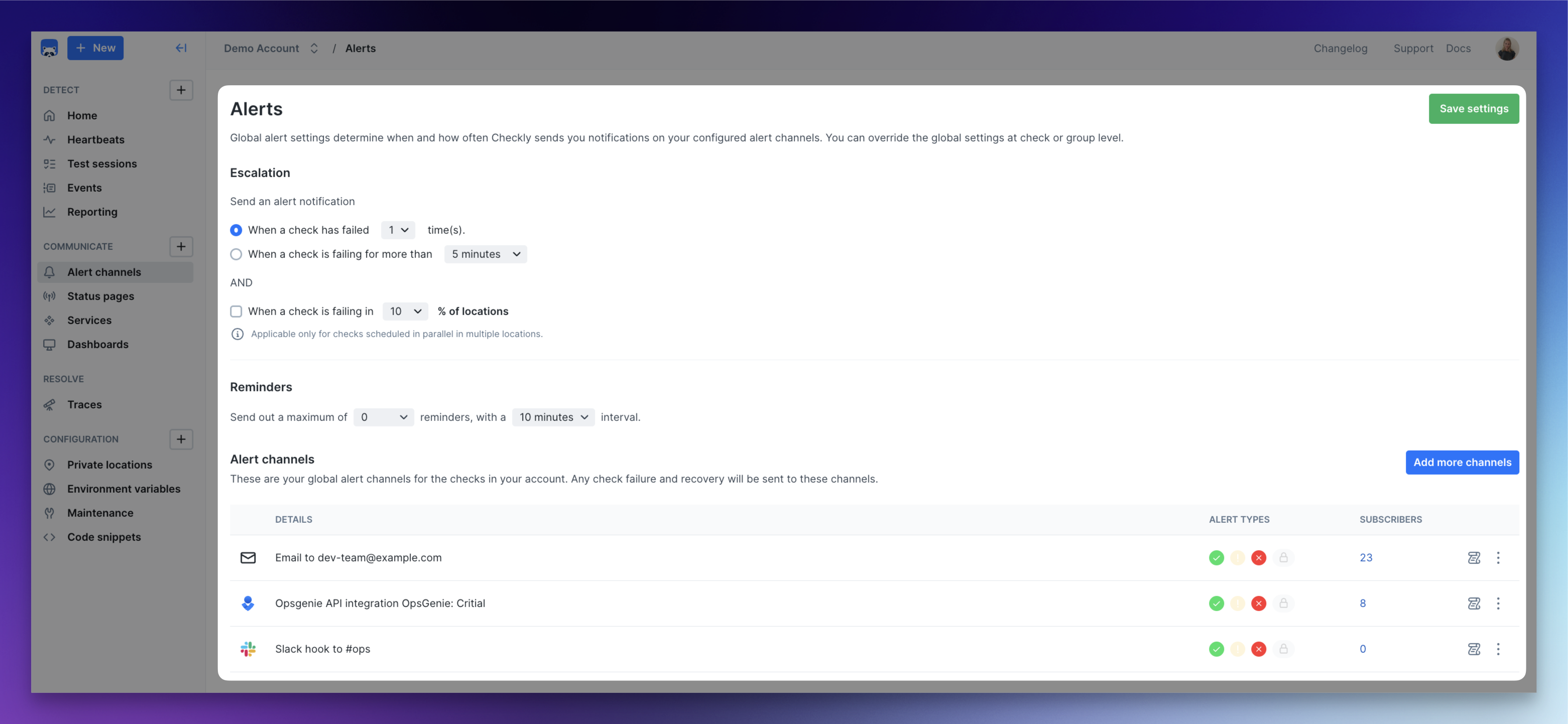 alert settings account / threshold alerting